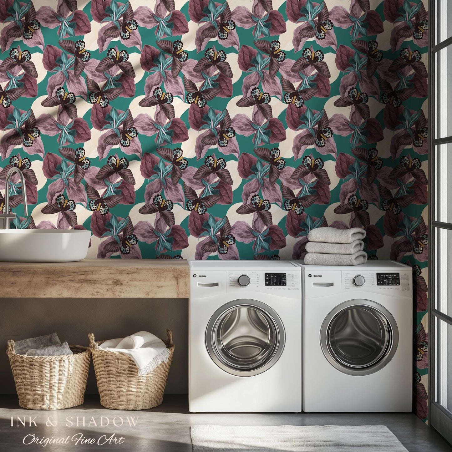 Tropical Fauna Jewel-Toned Wallpaper | Color Blocking Wall Art Maximalist Butterfly Home Accent Bold Botanical Exotica Teal Peel and Stick