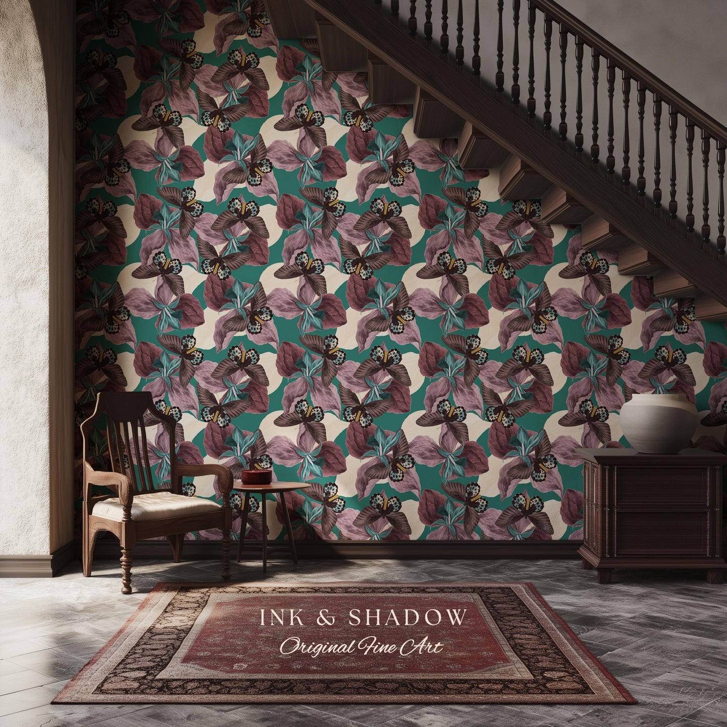 Tropical Fauna Jewel-Toned Wallpaper | Color Blocking Wall Art Maximalist Butterfly Home Accent Bold Botanical Exotica Teal Peel and Stick