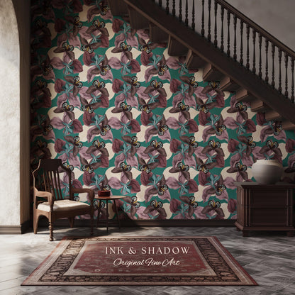 Tropical Fauna Jewel-Toned Wallpaper | Color Blocking Wall Art Maximalist Butterfly Home Accent Bold Botanical Exotica Teal Peel and Stick