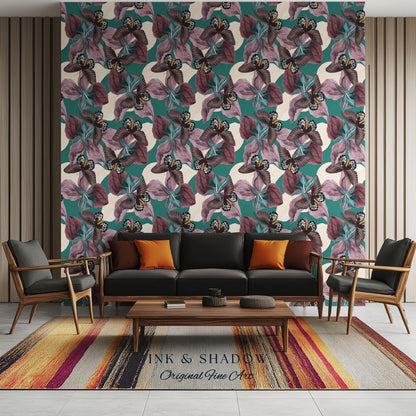 Tropical Fauna Jewel-Toned Wallpaper | Color Blocking Wall Art Maximalist Butterfly Home Accent Bold Botanical Exotica Teal Peel and Stick