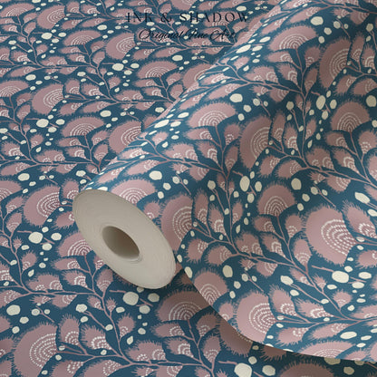 Dusty Blue Scandi Florals Wallpaper | Mid Century Modern Mauve Flowers Renter Friendly Ornamental Maximalist Pastel Feminine Nursery Decor