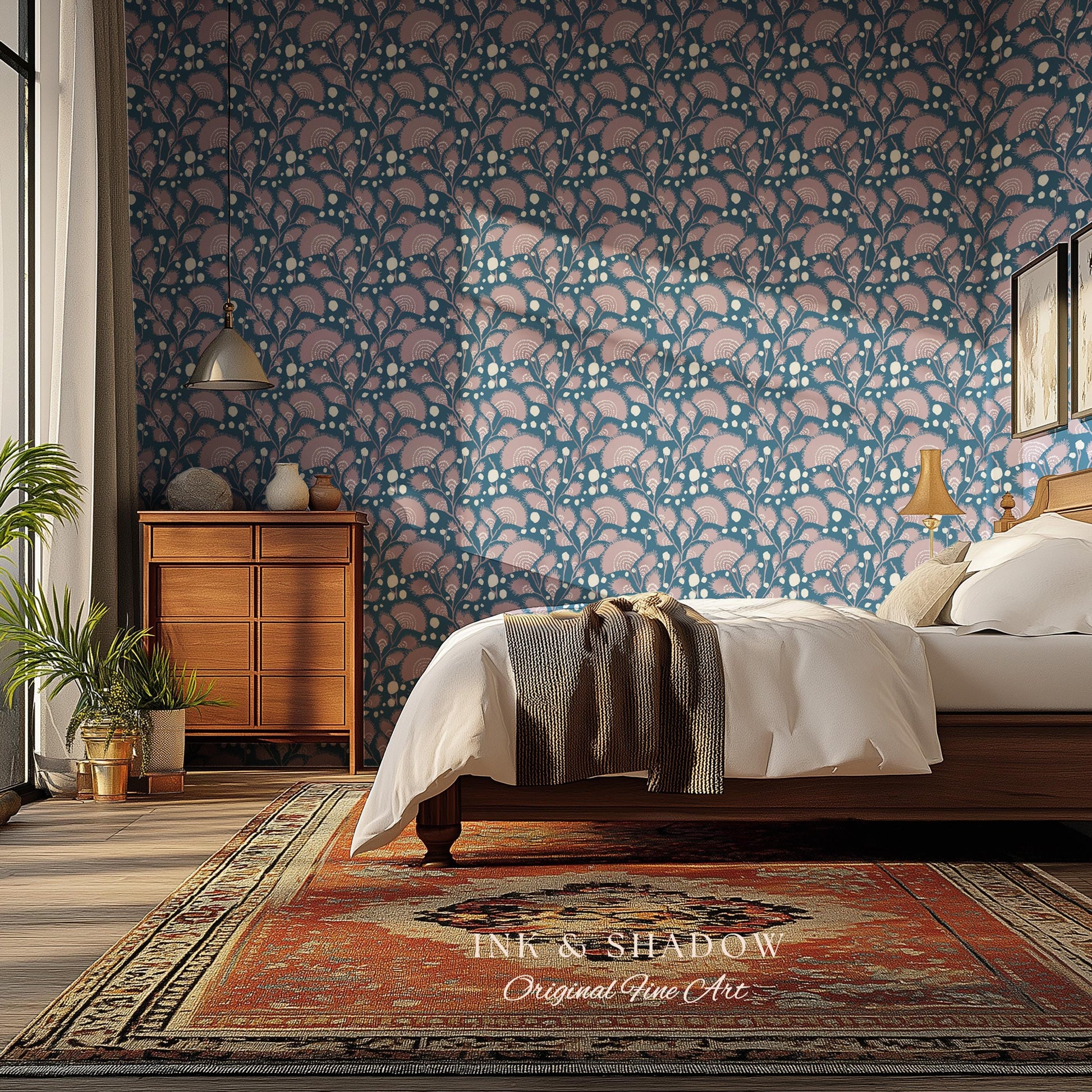 Dusty Blue Scandi Florals Wallpaper | Mid Century Modern Mauve Flowers Renter Friendly Ornamental Maximalist Pastel Feminine Nursery Decor
