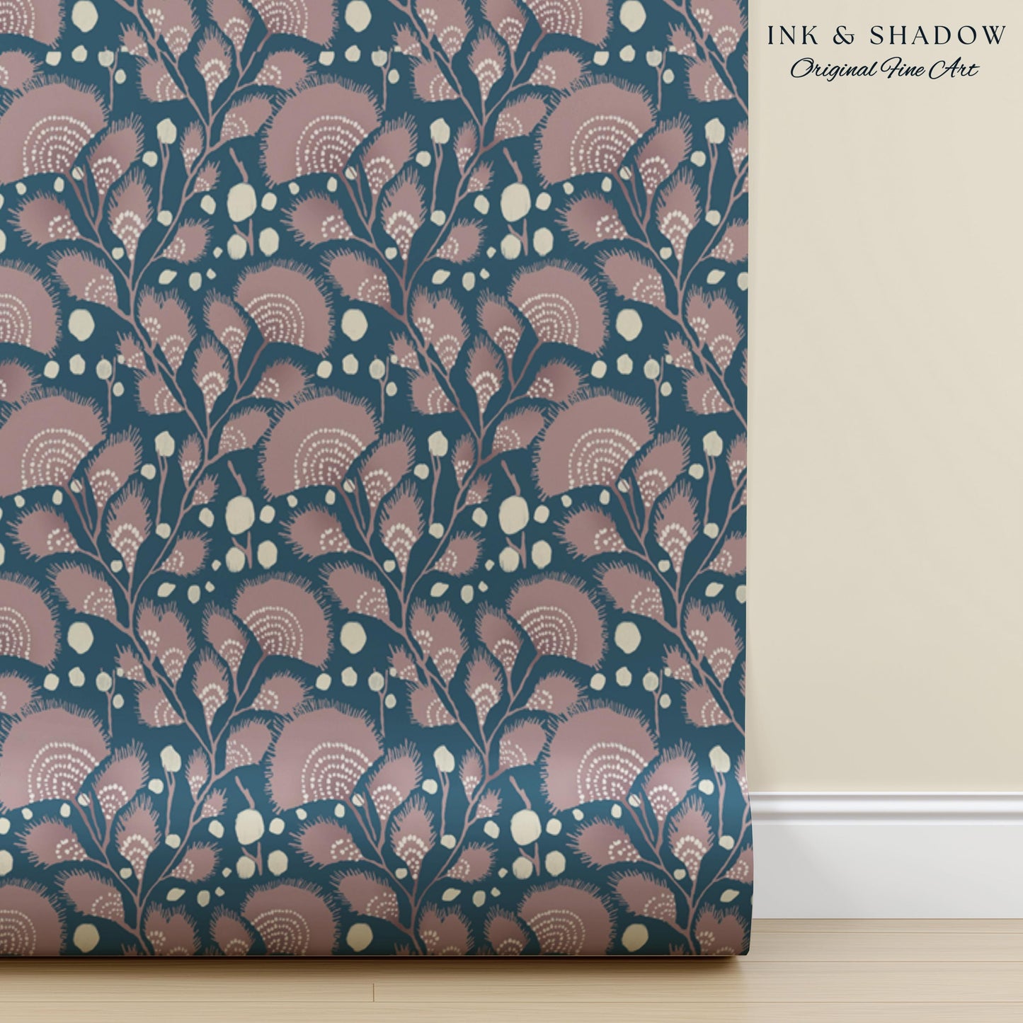 Dusty Blue Scandi Florals Wallpaper | Mid Century Modern Mauve Flowers Renter Friendly Ornamental Maximalist Pastel Feminine Nursery Decor