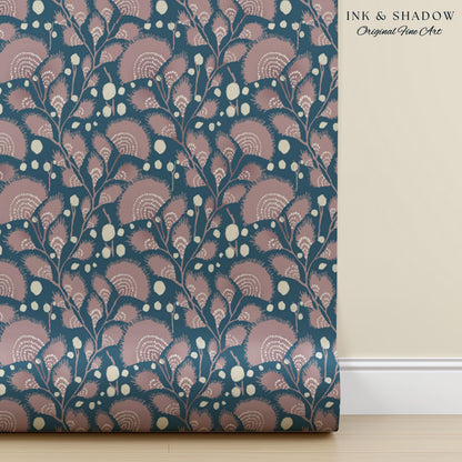 Dusty Blue Scandi Florals Wallpaper | Mid Century Modern Mauve Flowers Renter Friendly Ornamental Maximalist Pastel Feminine Nursery Decor