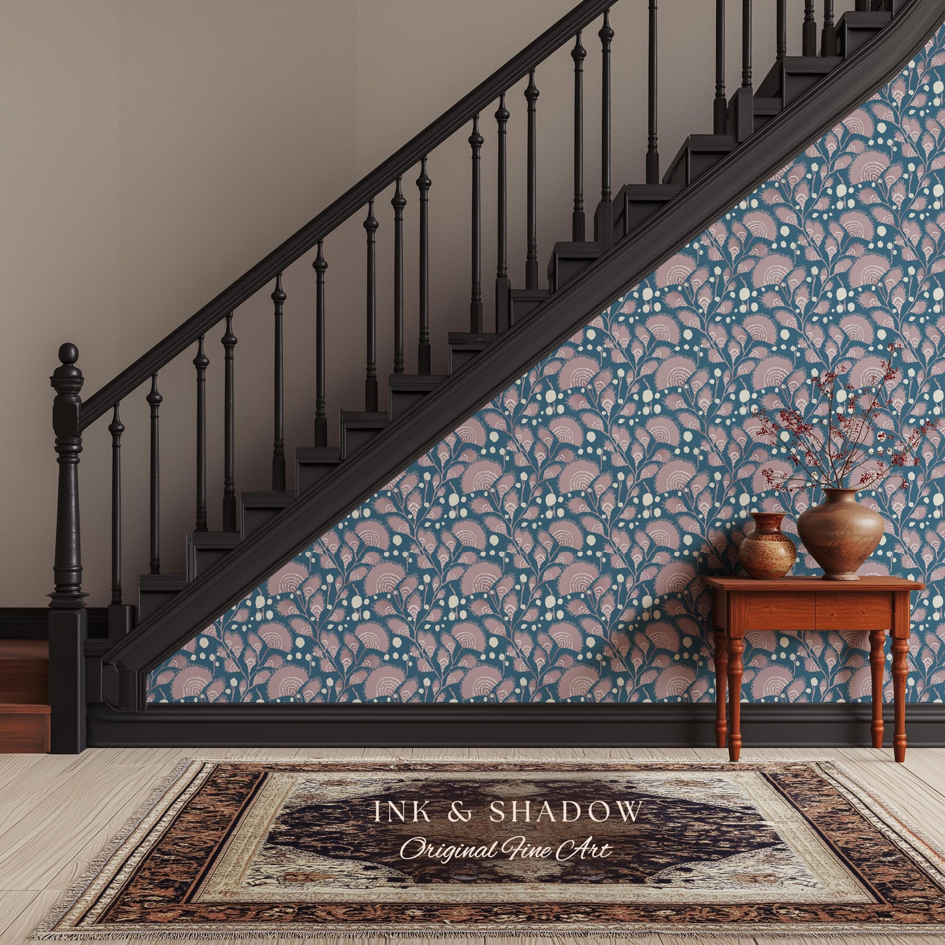 Dusty Blue Scandi Florals Wallpaper | Mid Century Modern Mauve Flowers Renter Friendly Ornamental Maximalist Pastel Feminine Nursery Decor