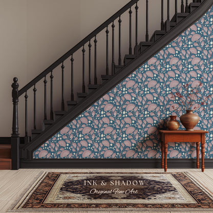 Dusty Blue Scandi Florals Wallpaper | Mid Century Modern Mauve Flowers Renter Friendly Ornamental Maximalist Pastel Feminine Nursery Decor