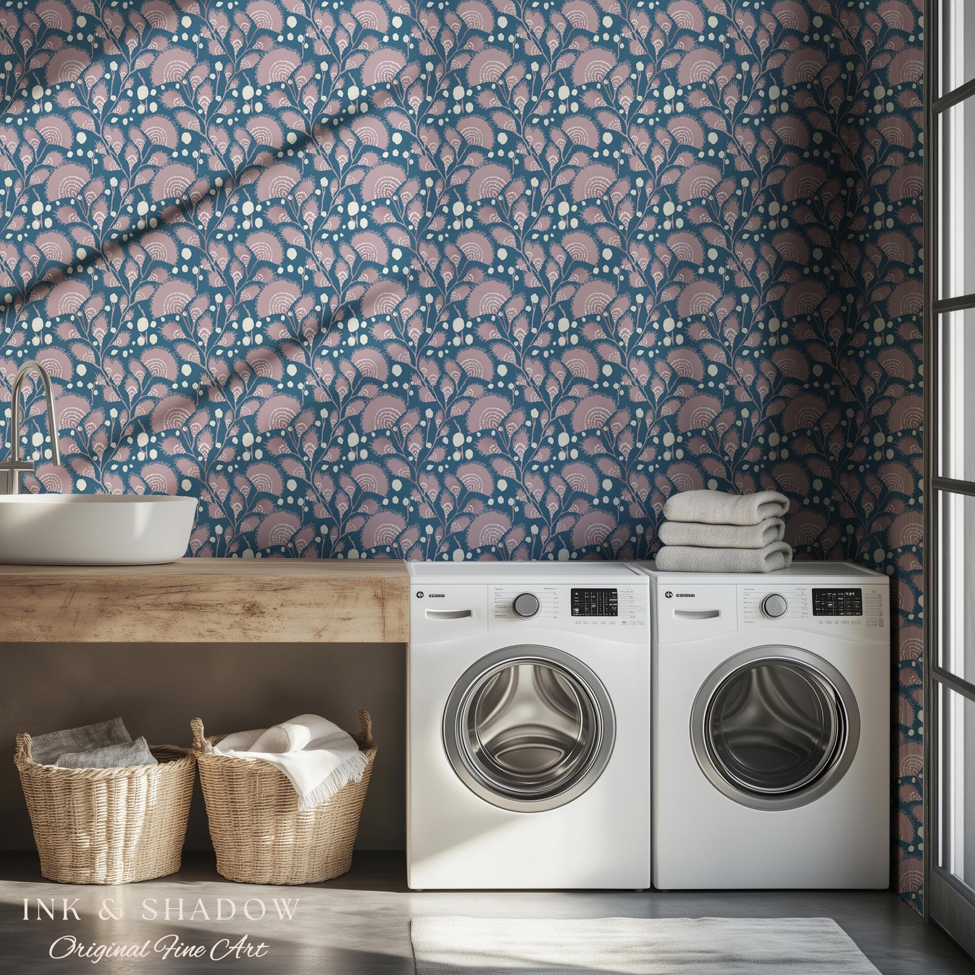 Dusty Blue Scandi Florals Wallpaper | Mid Century Modern Mauve Flowers Renter Friendly Ornamental Maximalist Pastel Feminine Nursery Decor