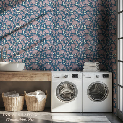 Dusty Blue Scandi Florals Wallpaper | Mid Century Modern Mauve Flowers Renter Friendly Ornamental Maximalist Pastel Feminine Nursery Decor