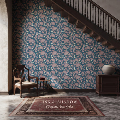 Dusty Blue Scandi Florals Wallpaper | Mid Century Modern Mauve Flowers Renter Friendly Ornamental Maximalist Pastel Feminine Nursery Decor
