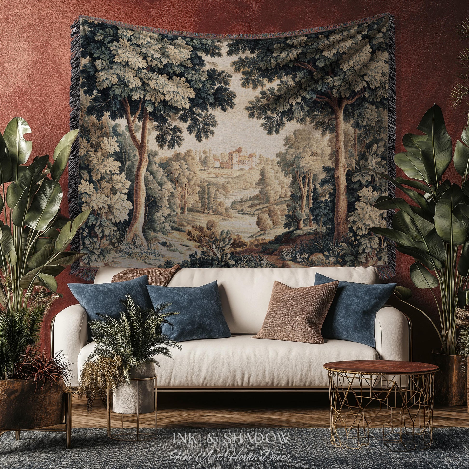 Verdure Landscape Tapestry Woven Blanket, Vintage Pastoral Bedroom Wall Decor Neutral Antique Style European Countryside Classic Cottage Art
