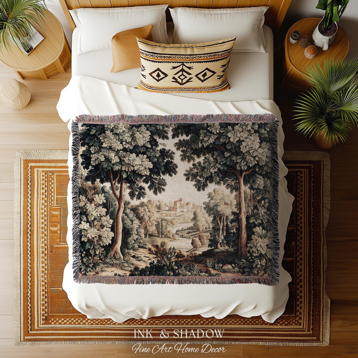Verdure Landscape Tapestry Woven Blanket, Vintage Pastoral Bedroom Wall Decor Neutral Antique Style European Countryside Classic Cottage Art