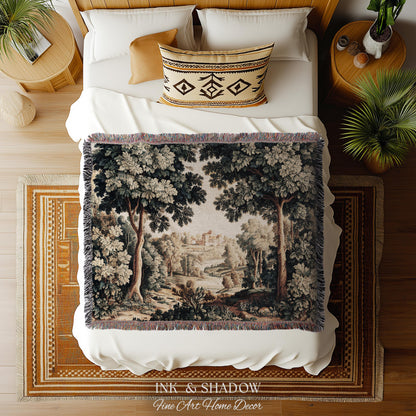 Verdure Landscape Tapestry Woven Blanket, Vintage Pastoral Bedroom Wall Decor Neutral Antique Style European Countryside Classic Cottage Art