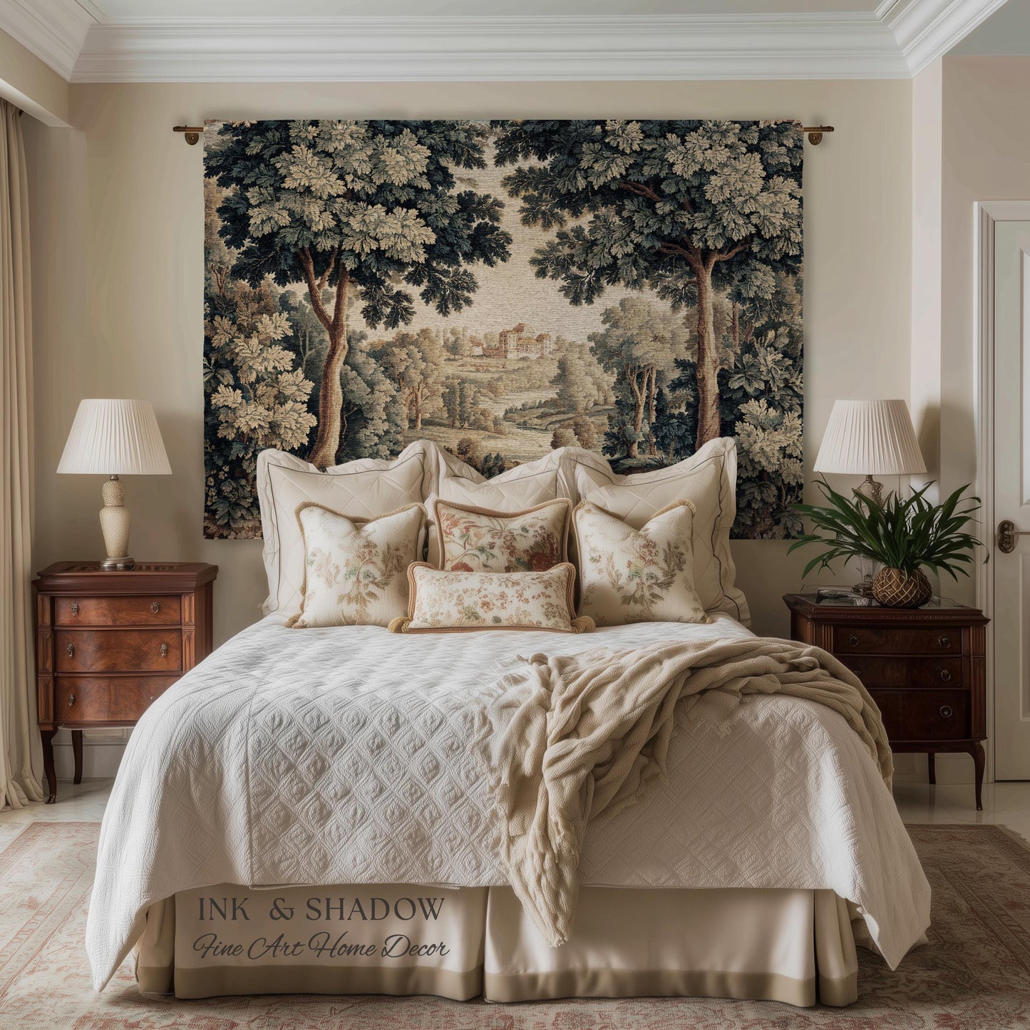 Verdure Landscape Tapestry Woven Blanket, Vintage Pastoral Bedroom Wall Decor Neutral Antique Style European Countryside Classic Cottage Art