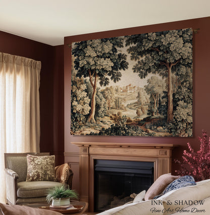 Verdure Landscape Tapestry Woven Blanket, Vintage Pastoral Bedroom Wall Decor Neutral Antique Style European Countryside Classic Cottage Art