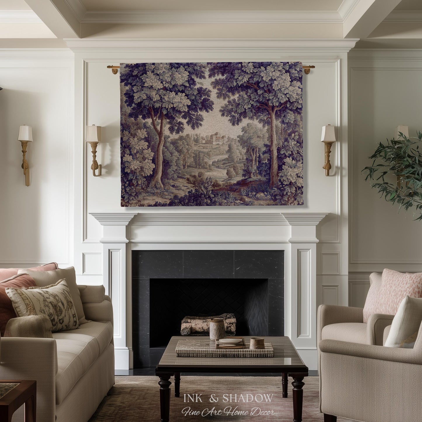 Ornate Forest Baroque Jacquard Tapestry | Traditional Landscape Grandmillenial Wall Hanging Victorian Rococo Bedroom Wall Art European Art
