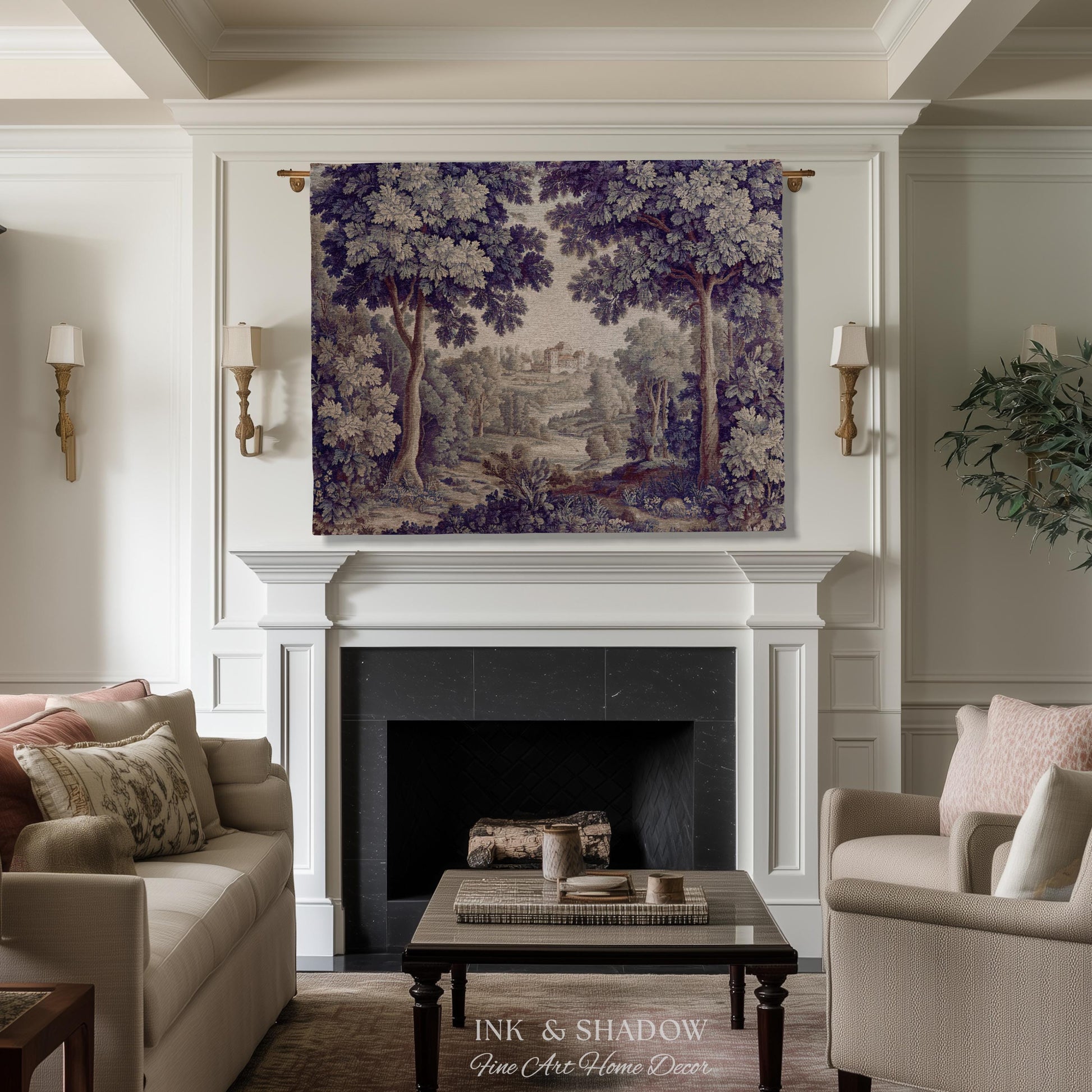 Ornate Forest Baroque Jacquard Tapestry | Traditional Landscape Grandmillenial Wall Hanging Victorian Rococo Bedroom Wall Art European Art