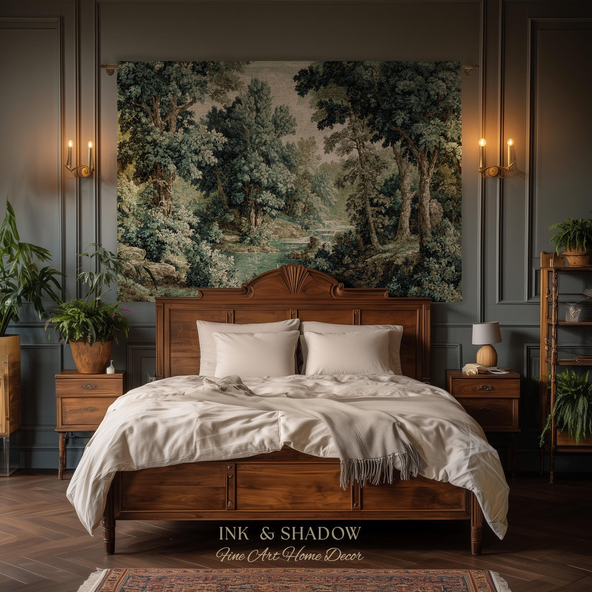 Old World Forest Romantic Woodland River Scene Tapestry | Rustic Elegance Lush Landscape Woven Throw Wall Art Timeless Tranquil Home Decor