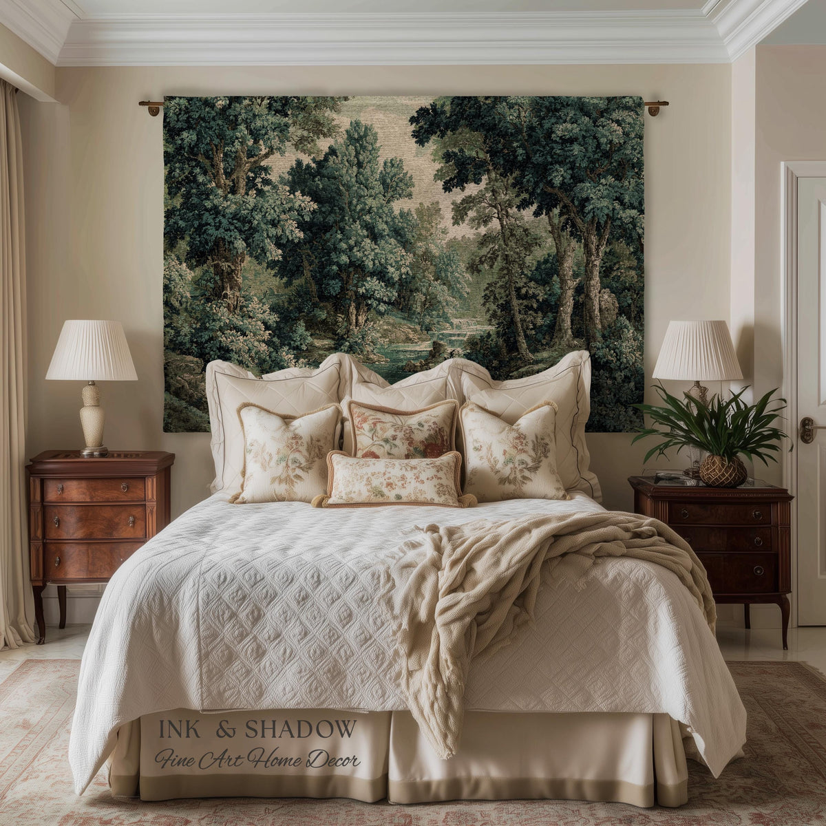 Old World Forest Romantic Woodland River Scene Tapestry | Rustic Elegance Lush Landscape Woven Throw Wall Art Timeless Tranquil Home Decor