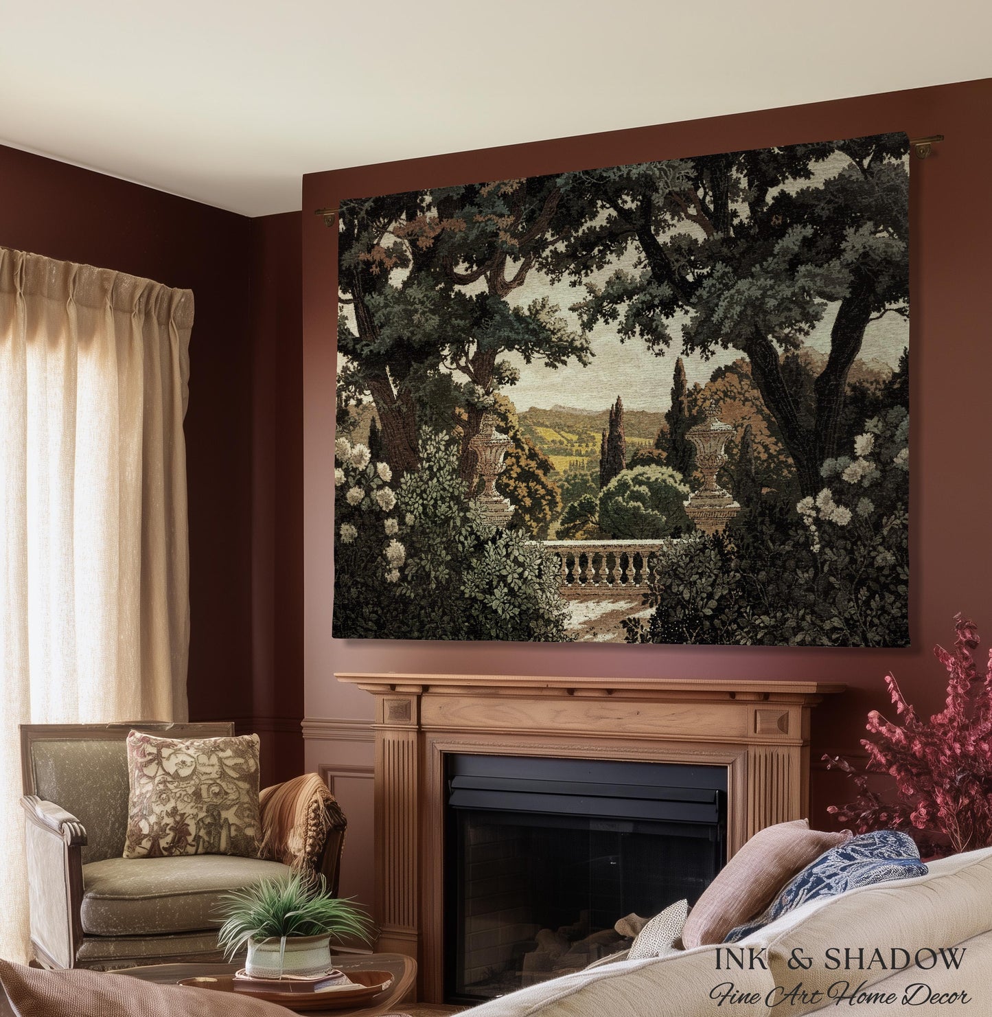 Classical Elegance Verdure Terrace Landscape European Tapestry Throw | French Chateau Garden Wall Art Traditional Jacquard Woven Blanket