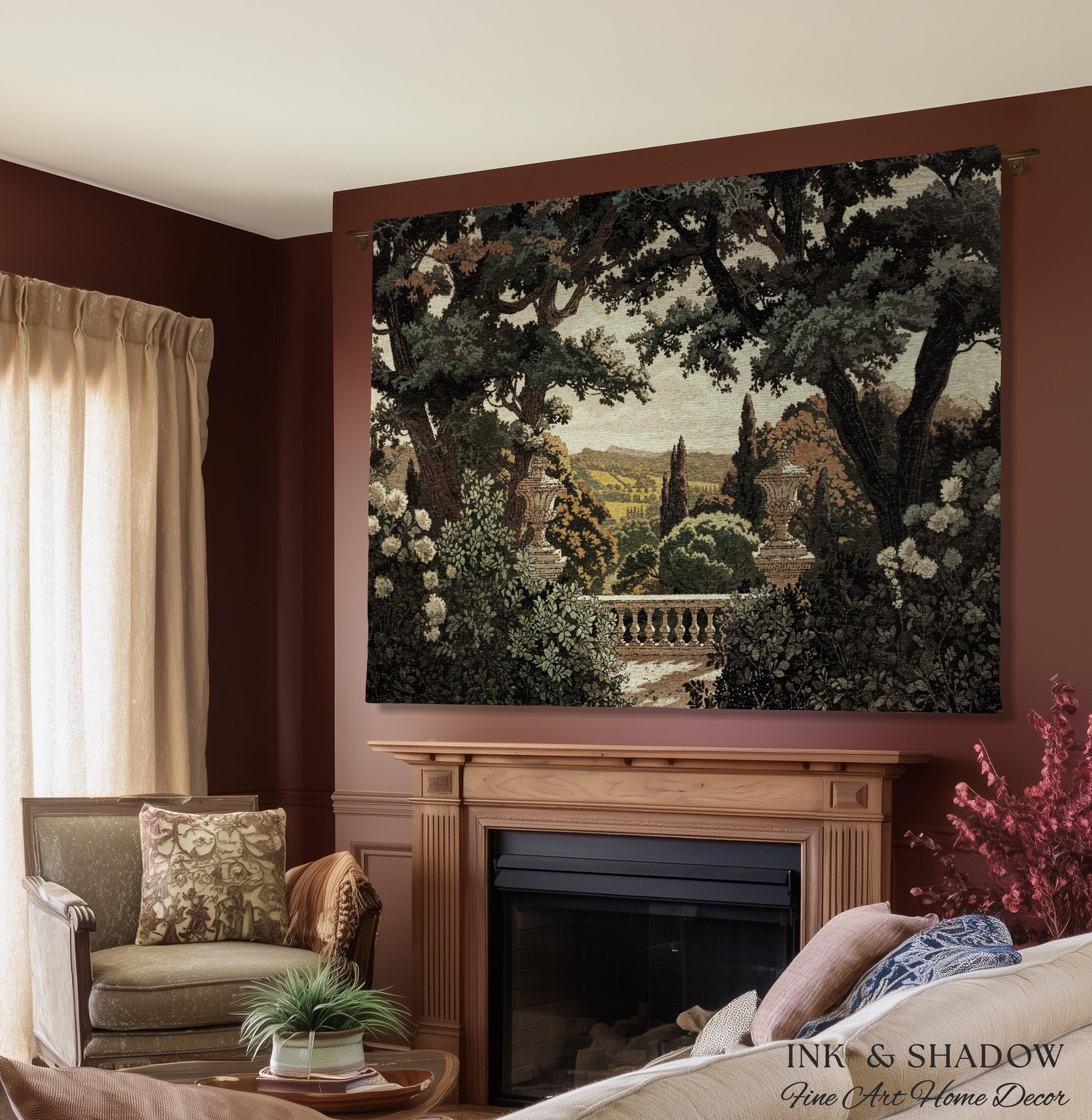 Classical Elegance Verdure Terrace Landscape European Tapestry Throw | French Chateau Garden Wall Art Traditional Jacquard Woven Blanket