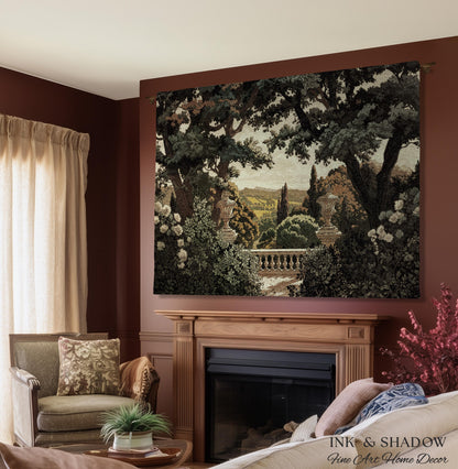 Classical Elegance Verdure Terrace Landscape European Tapestry Throw | French Chateau Garden Wall Art Traditional Jacquard Woven Blanket