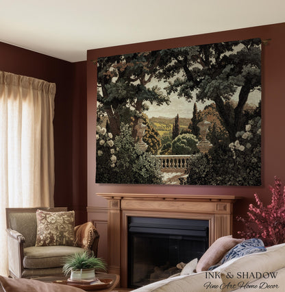 Classical Elegance Verdure Terrace Landscape European Tapestry Throw | French Chateau Garden Wall Art Traditional Jacquard Woven Blanket