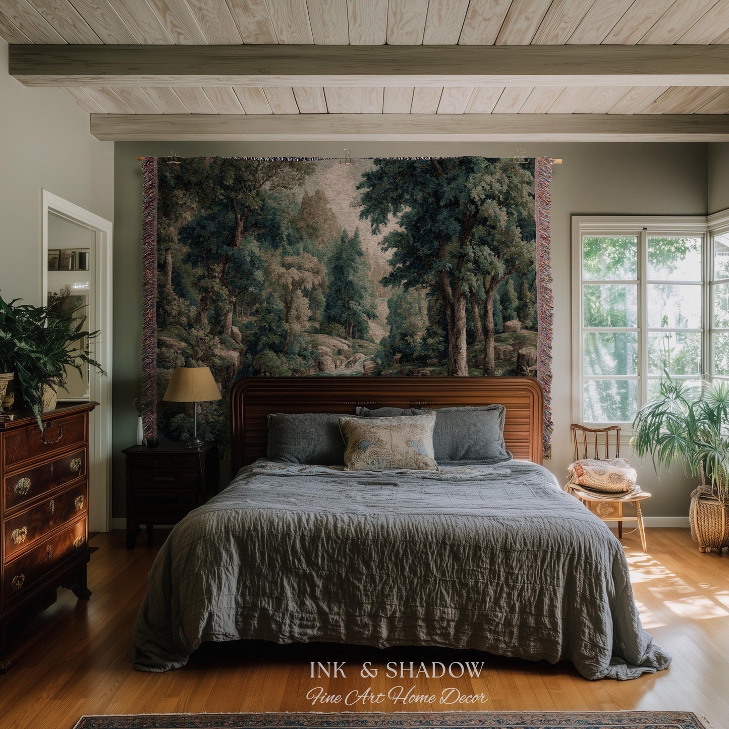 Emerald Lagoon Verdant Woven Wall Tapestry | Vintage Nature Blanket European Woodland Textile Romantic Greenery Dreamy Teal Forest Artwork