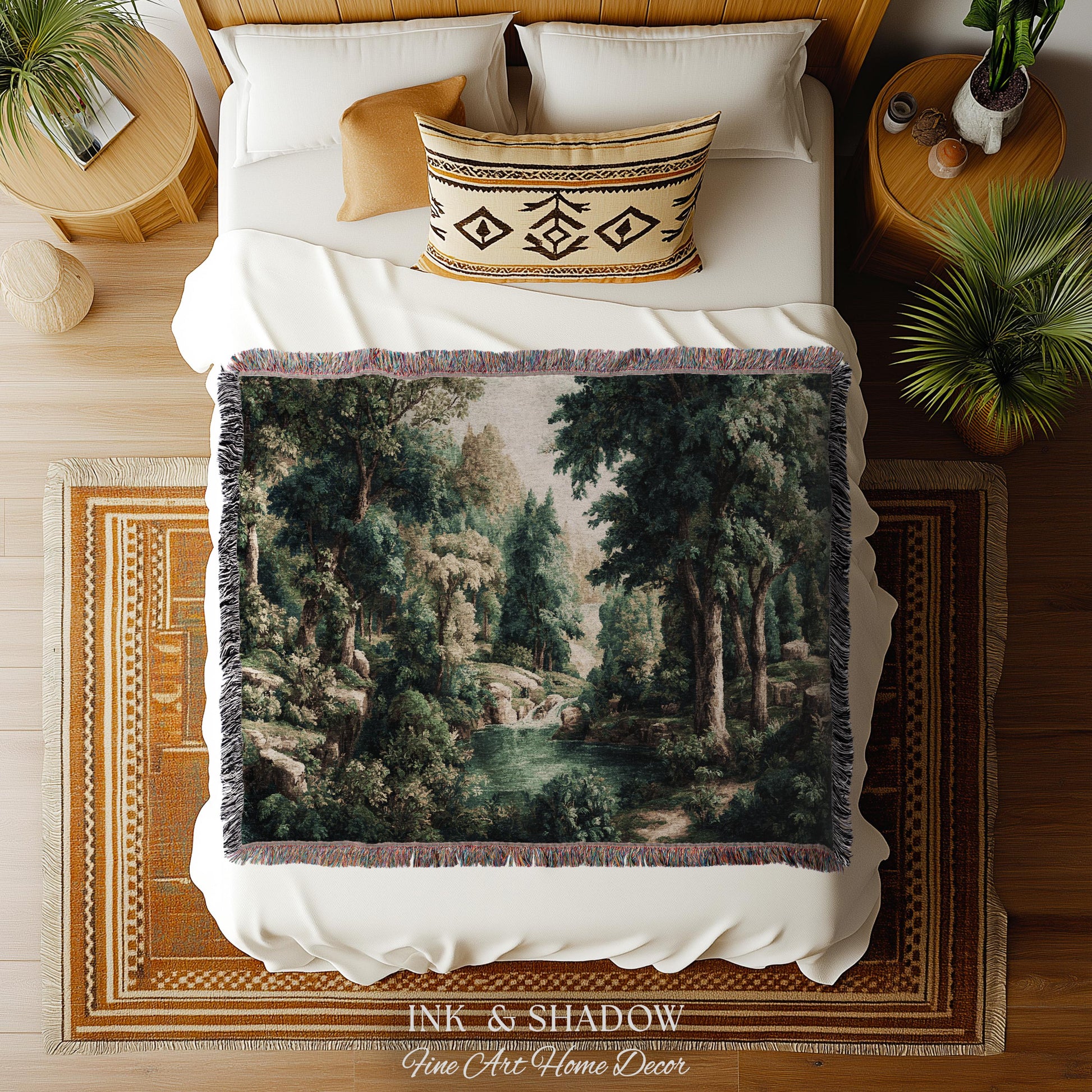 Emerald Lagoon Verdant Woven Wall Tapestry | Vintage Nature Blanket European Woodland Textile Romantic Greenery Dreamy Teal Forest Artwork