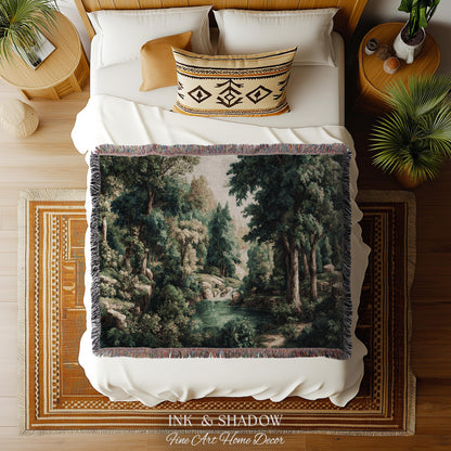 Emerald Lagoon Verdant Woven Wall Tapestry | Vintage Nature Blanket European Woodland Textile Romantic Greenery Dreamy Teal Forest Artwork