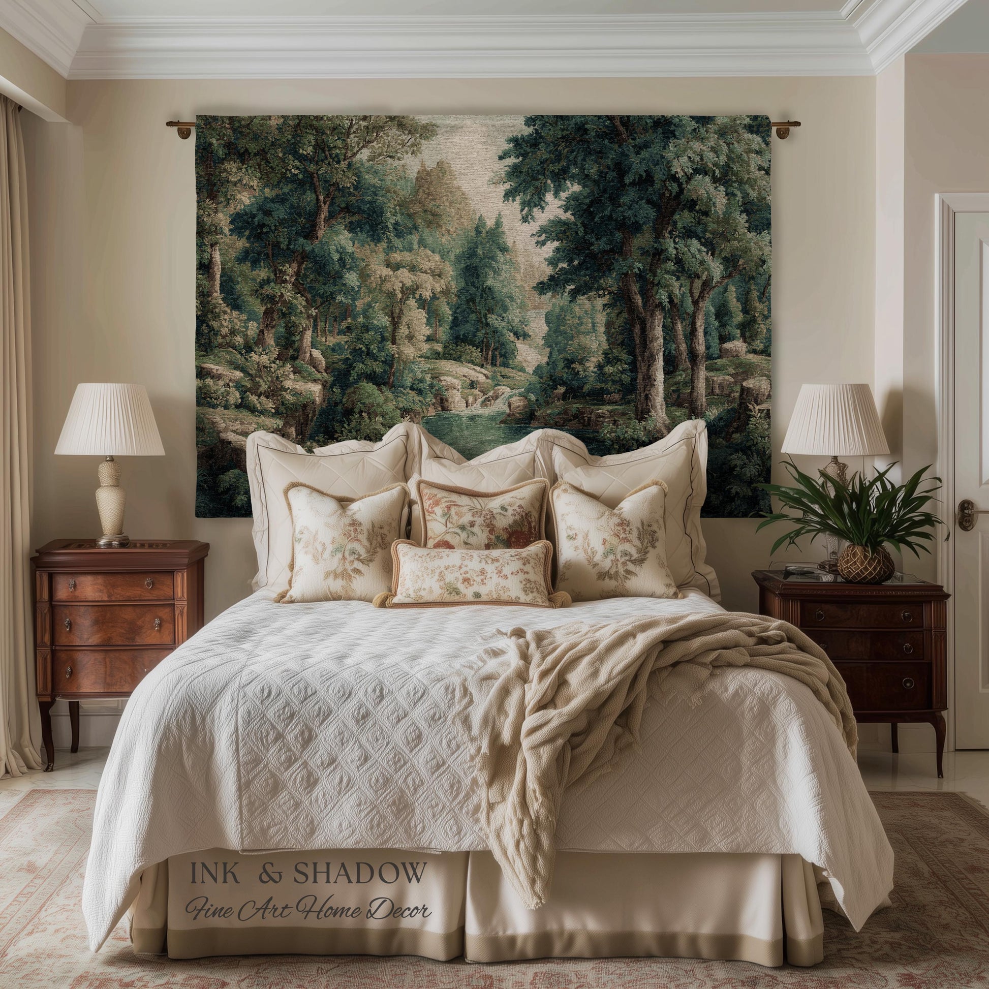 Emerald Lagoon Verdant Woven Wall Tapestry | Vintage Nature Blanket European Woodland Textile Romantic Greenery Dreamy Teal Forest Artwork