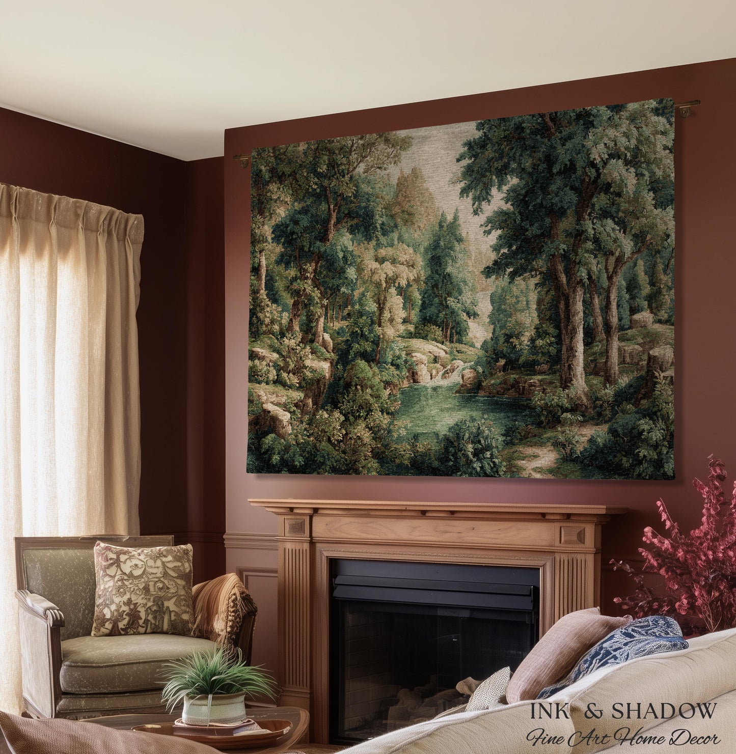Emerald Lagoon Verdant Woven Wall Tapestry | Vintage Nature Blanket European Woodland Textile Romantic Greenery Dreamy Teal Forest Artwork
