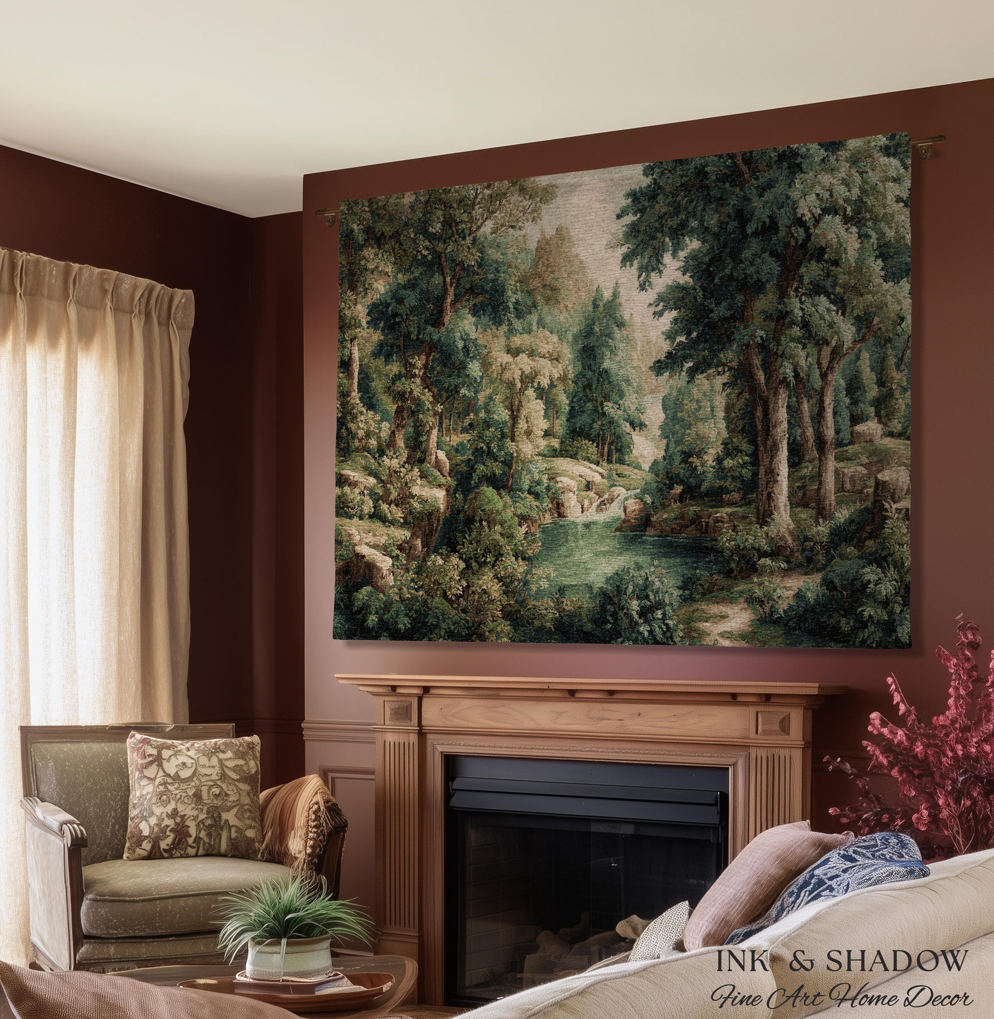 Emerald Lagoon Verdant Woven Wall Tapestry | Vintage Nature Blanket European Woodland Textile Romantic Greenery Dreamy Teal Forest Artwork