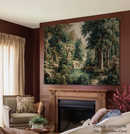 Emerald Lagoon Verdant Woven Wall Tapestry | Vintage Nature Blanket European Woodland Textile Romantic Greenery Dreamy Teal Forest Artwork