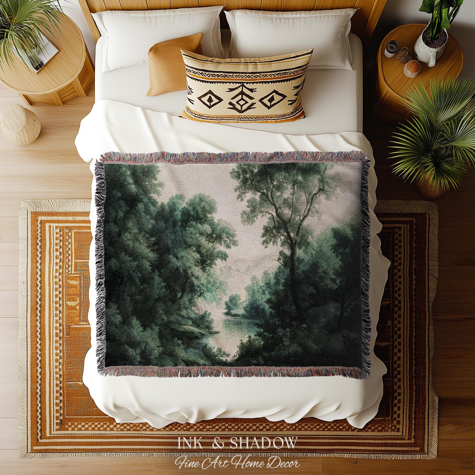 English Riverbank Soft Nature Wall Art | Hazy Green Woodland Traditional Verdure Tapestry Pastoral Scenery Botanical Woven Throw Blanket
