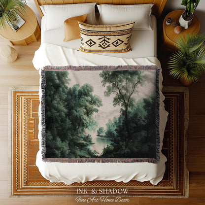 English Riverbank Soft Nature Wall Art | Hazy Green Woodland Traditional Verdure Tapestry Pastoral Scenery Botanical Woven Throw Blanket