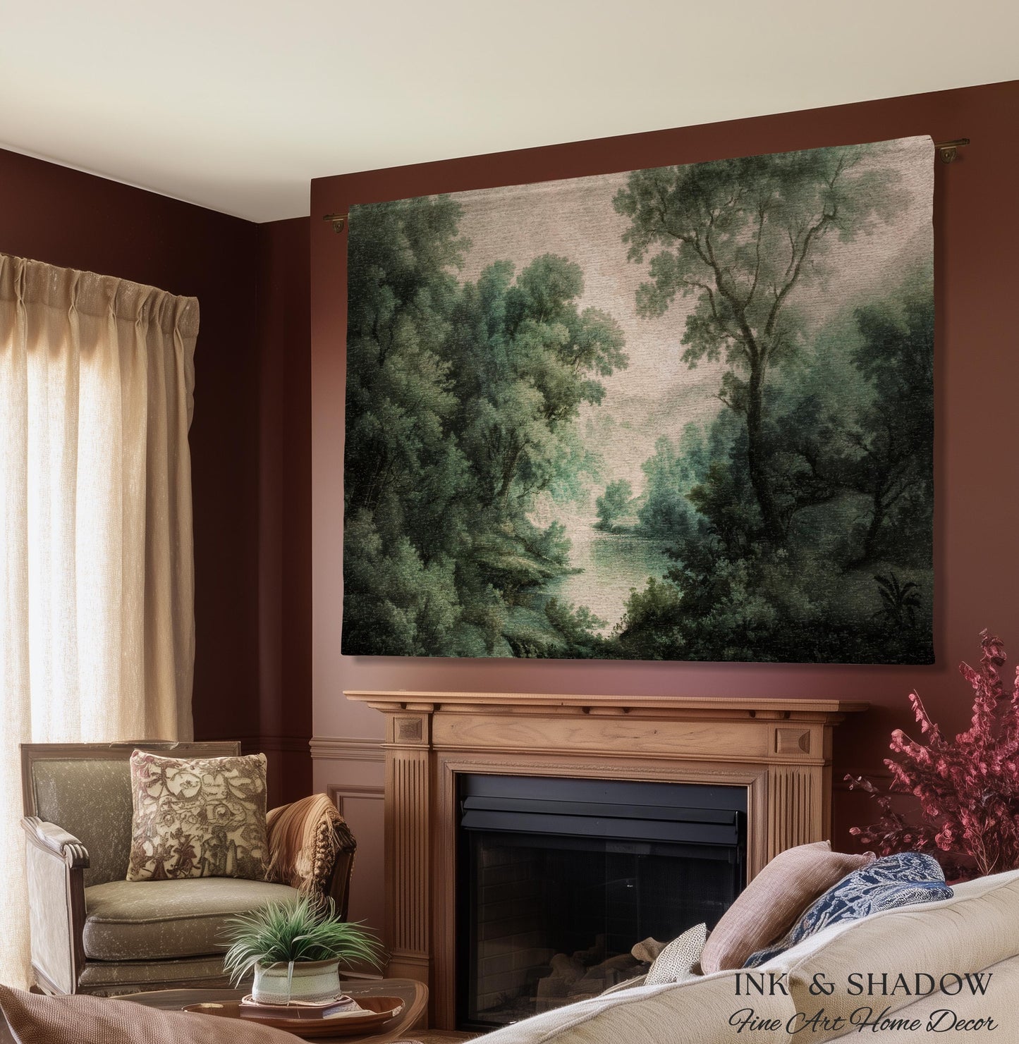 English Riverbank Soft Nature Wall Art | Hazy Green Woodland Traditional Verdure Tapestry Pastoral Scenery Botanical Woven Throw Blanket