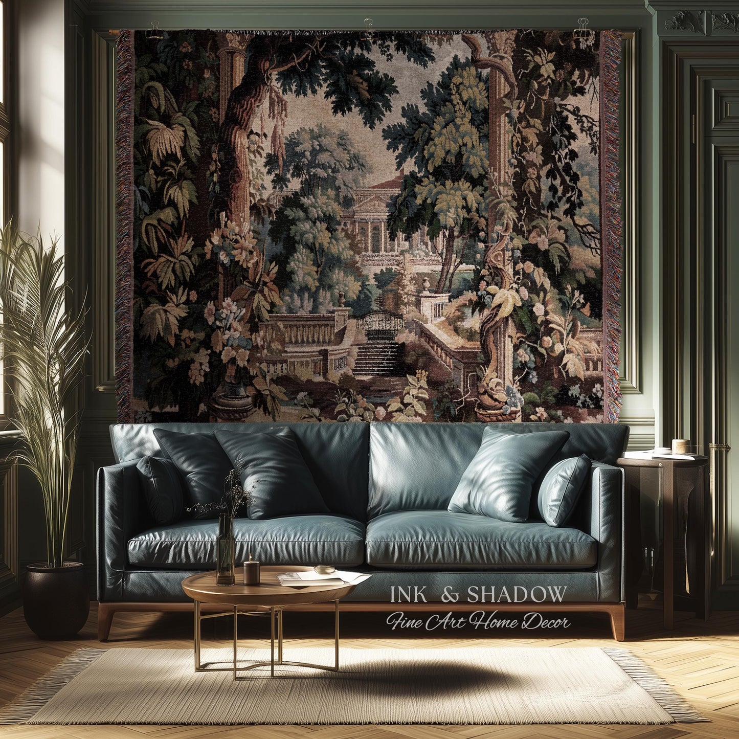Neoclassical Estate Old World Tapestry | European Garden Formal Wall Art Lush Manor Woven Throw Blanket Italian Landscape Verdure Scenery