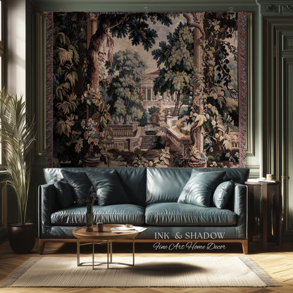 Neoclassical Estate Old World Tapestry | European Garden Formal Wall Art Lush Manor Woven Throw Blanket Italian Landscape Verdure Scenery