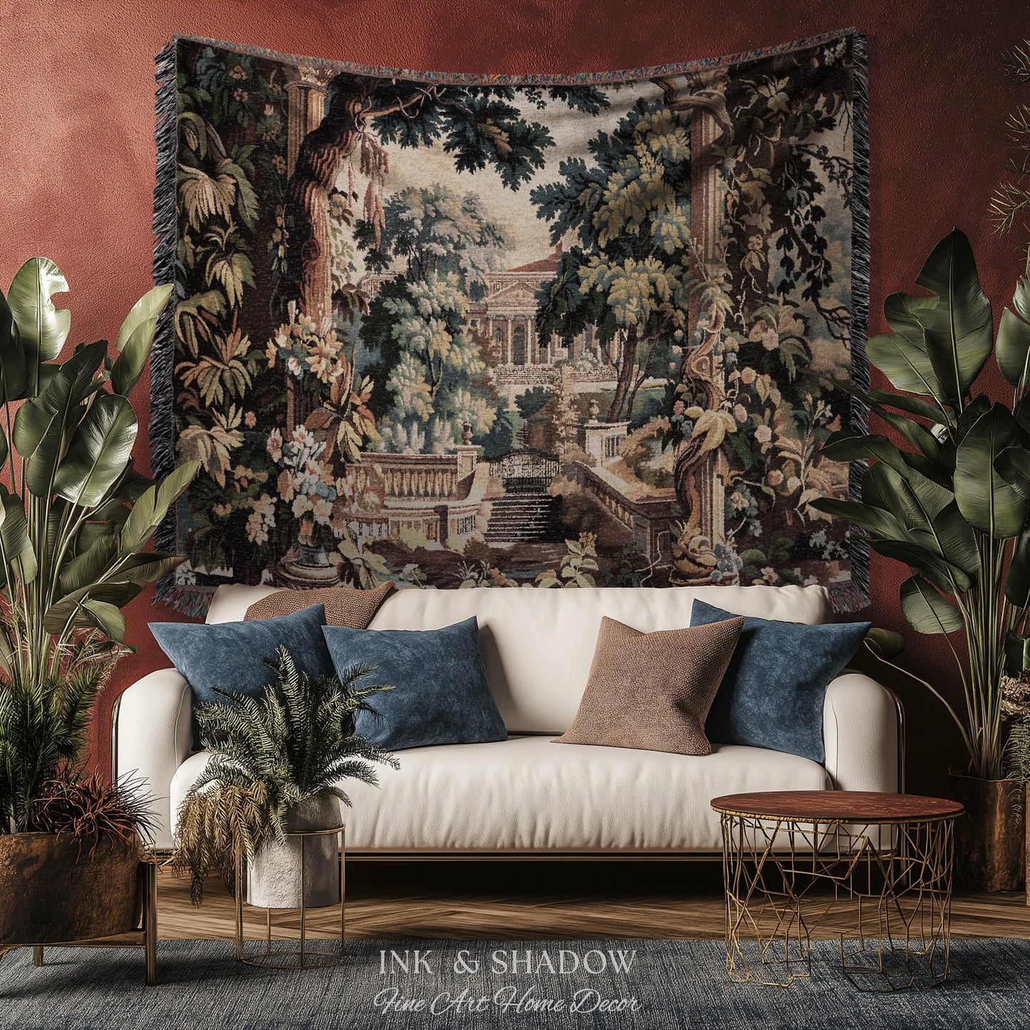 Neoclassical Estate Old World Tapestry | European Garden Formal Wall Art Lush Manor Woven Throw Blanket Italian Landscape Verdure Scenery