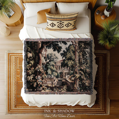 Neoclassical Estate Old World Tapestry | European Garden Formal Wall Art Lush Manor Woven Throw Blanket Italian Landscape Verdure Scenery