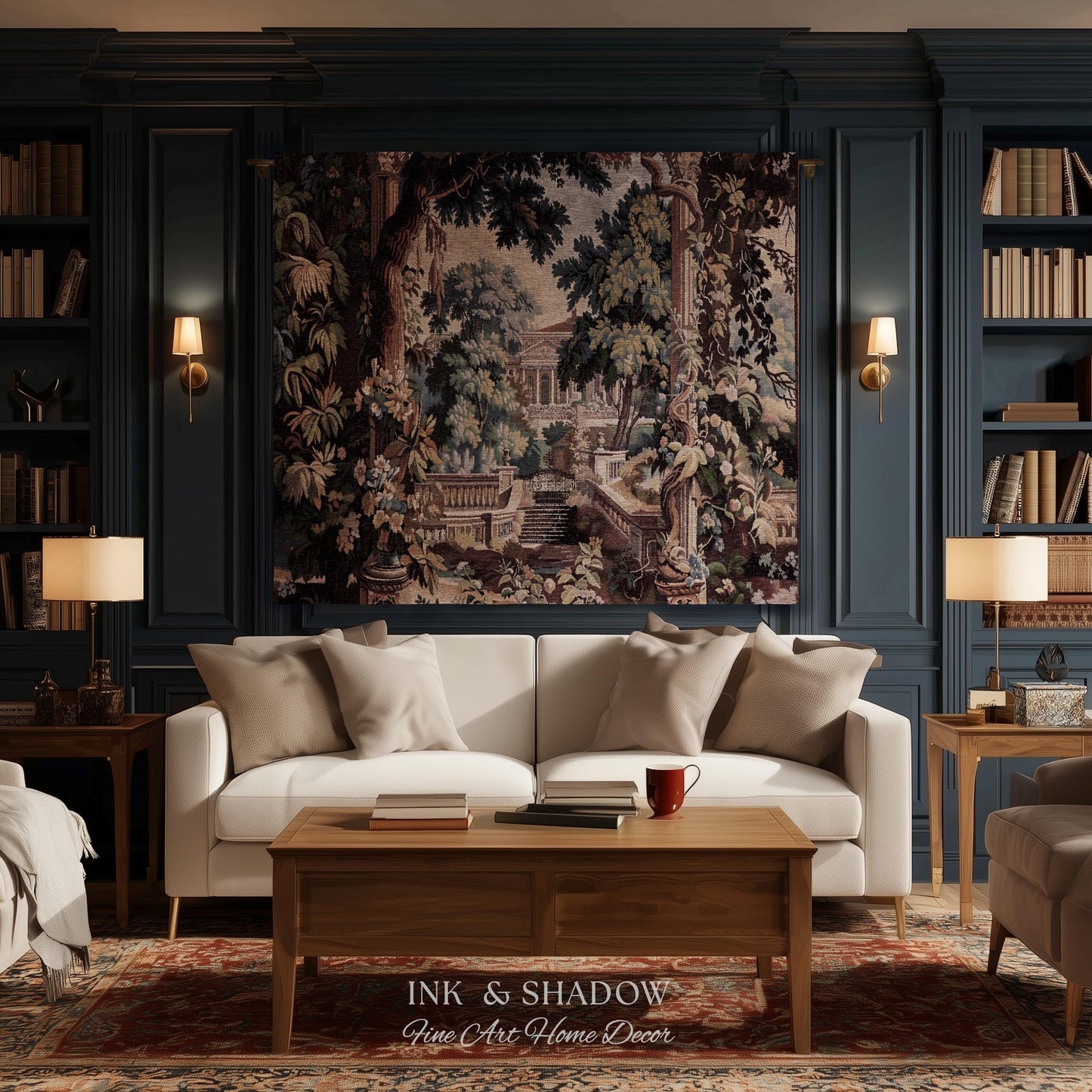 Neoclassical Estate Old World Tapestry | European Garden Formal Wall Art Lush Manor Woven Throw Blanket Italian Landscape Verdure Scenery