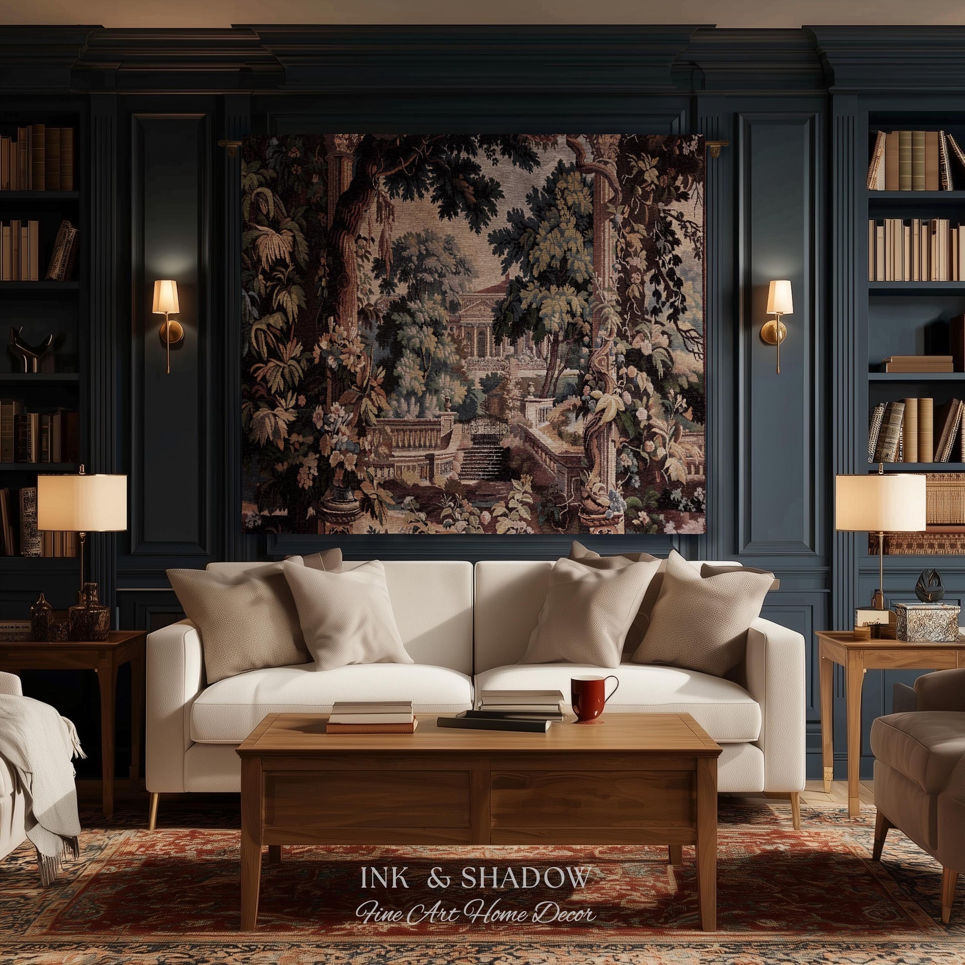 Neoclassical Estate Old World Tapestry | European Garden Formal Wall Art Lush Manor Woven Throw Blanket Italian Landscape Verdure Scenery