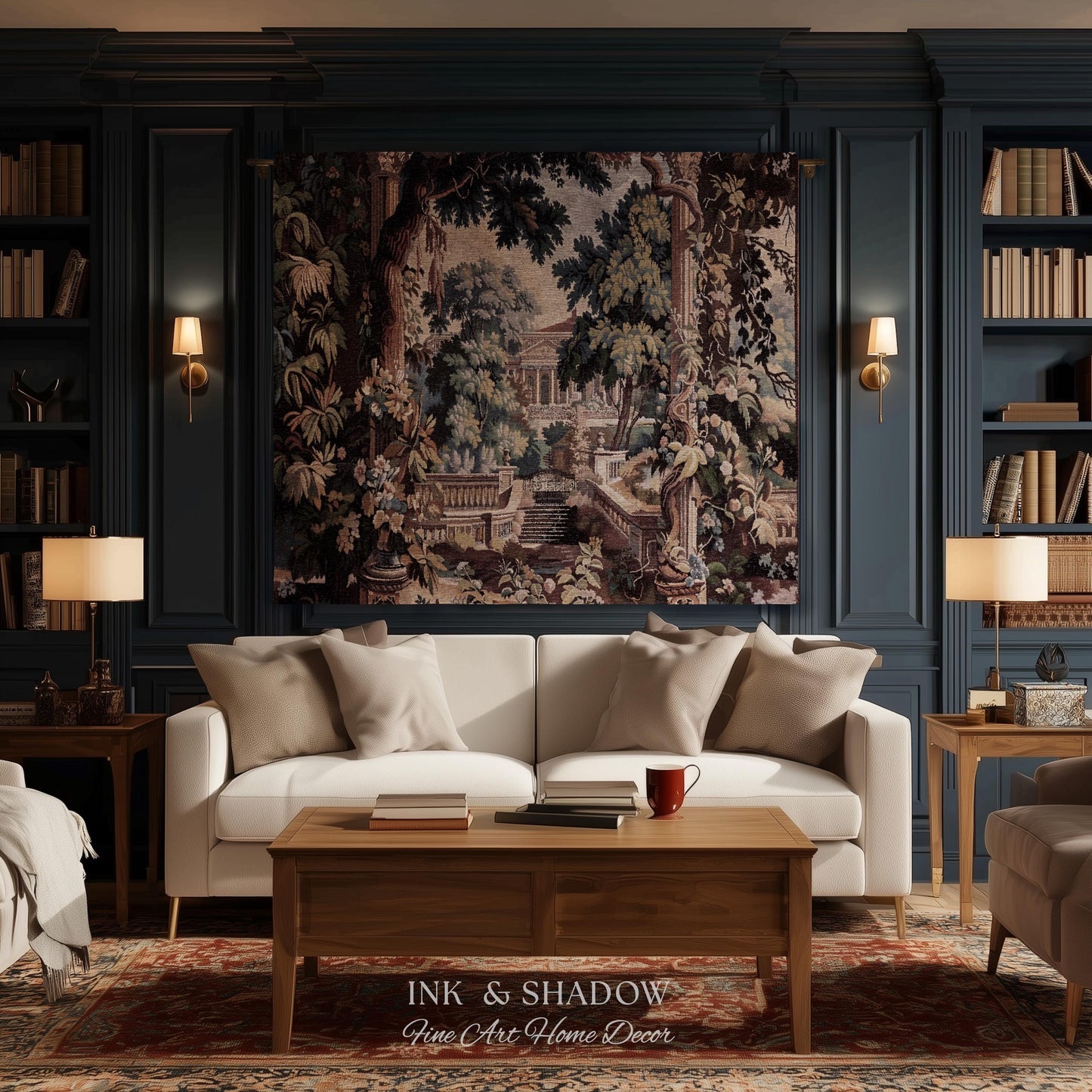 Neoclassical Estate Old World Tapestry | European Garden Formal Wall Art Lush Manor Woven Throw Blanket Italian Landscape Verdure Scenery