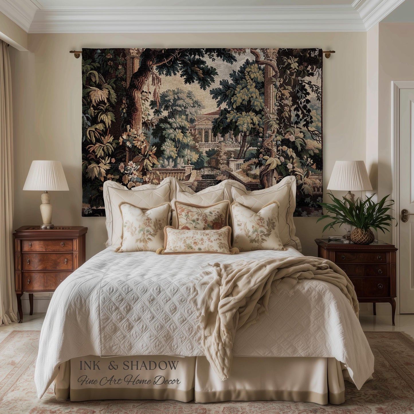 Neoclassical Estate Old World Tapestry | European Garden Formal Wall Art Lush Manor Woven Throw Blanket Italian Landscape Verdure Scenery