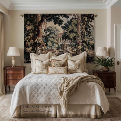 Neoclassical Estate Old World Tapestry | European Garden Formal Wall Art Lush Manor Woven Throw Blanket Italian Landscape Verdure Scenery