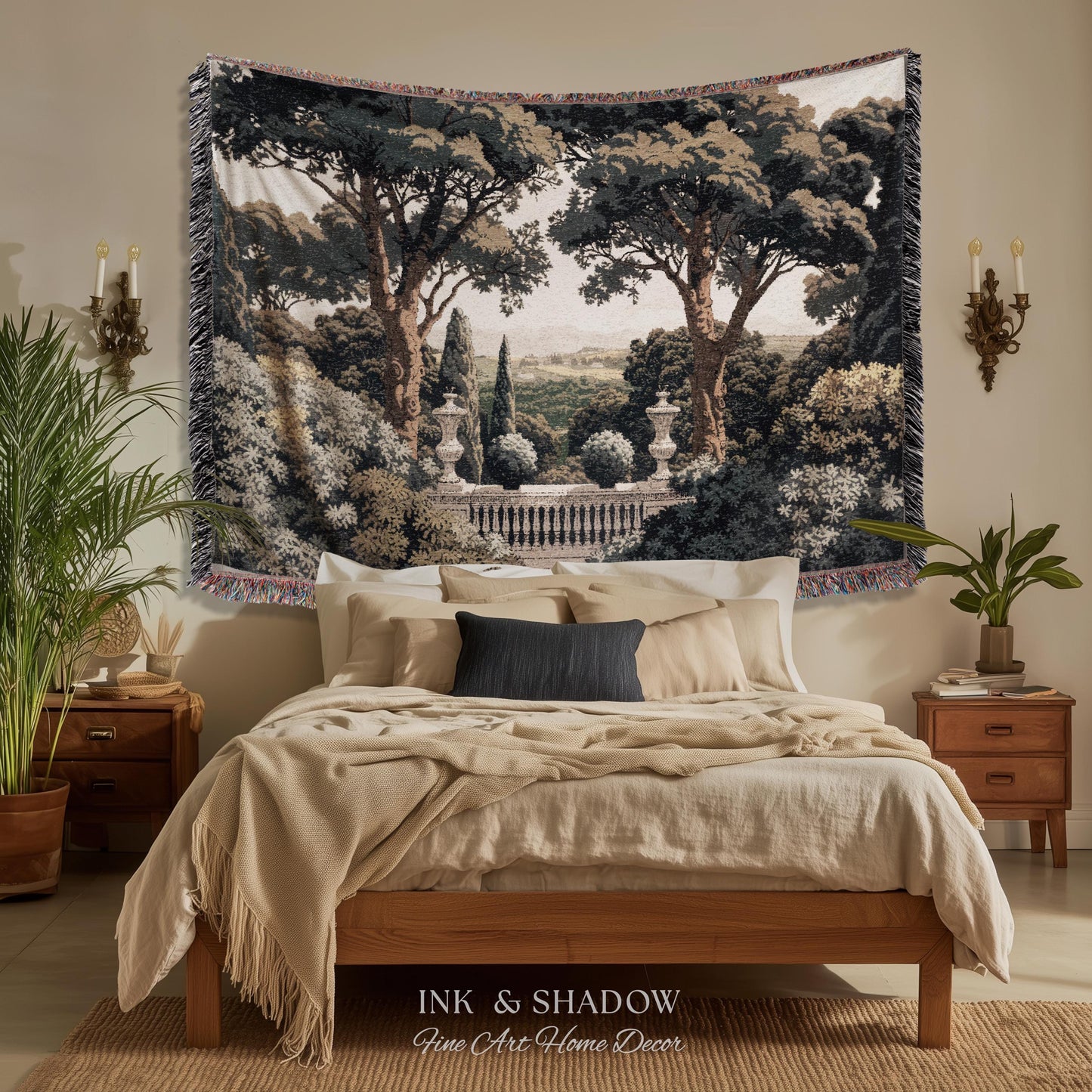 Tuscan Terrace Formal Wall Tapestry | Traditional Scenic Textile European Wall Art Neoclassical Verdure Woven Throw Blanket Classic Jacquard
