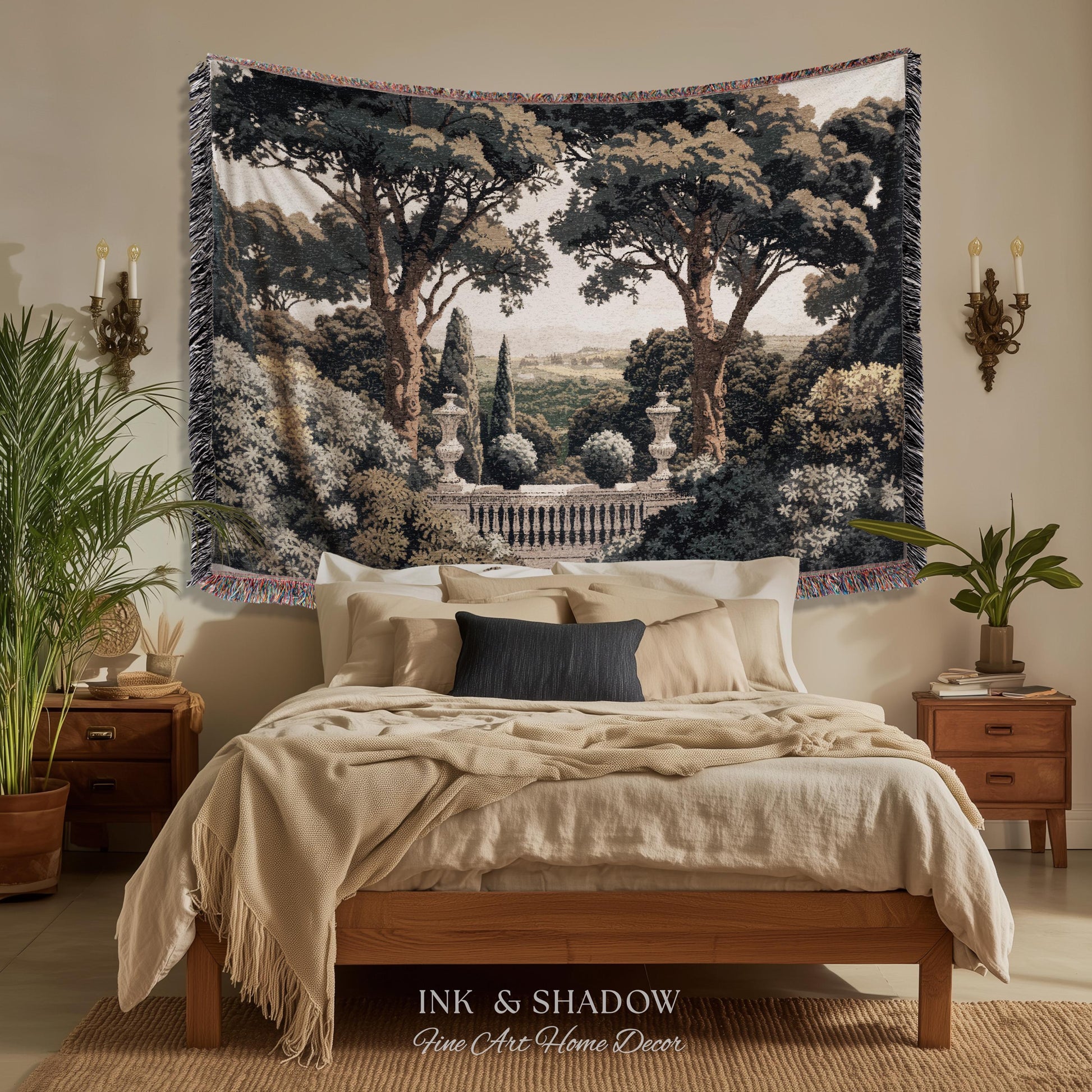 Tuscan Terrace Formal Wall Tapestry | Traditional Scenic Textile European Wall Art Neoclassical Verdure Woven Throw Blanket Classic Jacquard