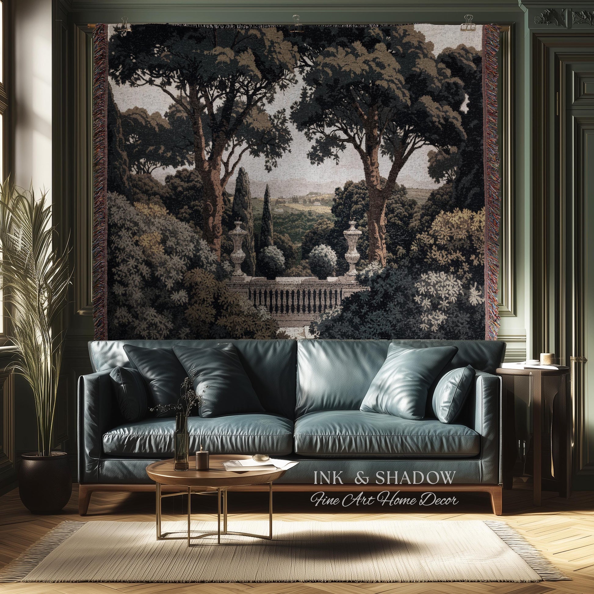 Tuscan Terrace Formal Wall Tapestry | Traditional Scenic Textile European Wall Art Neoclassical Verdure Woven Throw Blanket Classic Jacquard