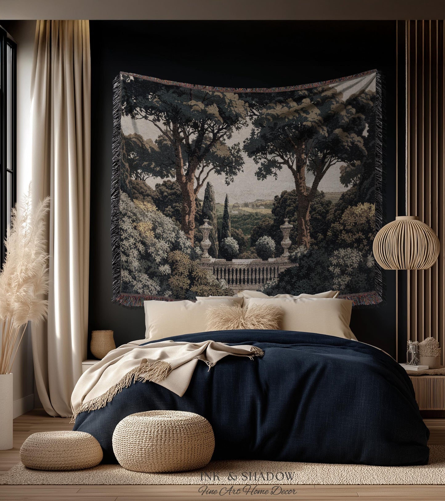 Tuscan Terrace Formal Wall Tapestry | Traditional Scenic Textile European Wall Art Neoclassical Verdure Woven Throw Blanket Classic Jacquard