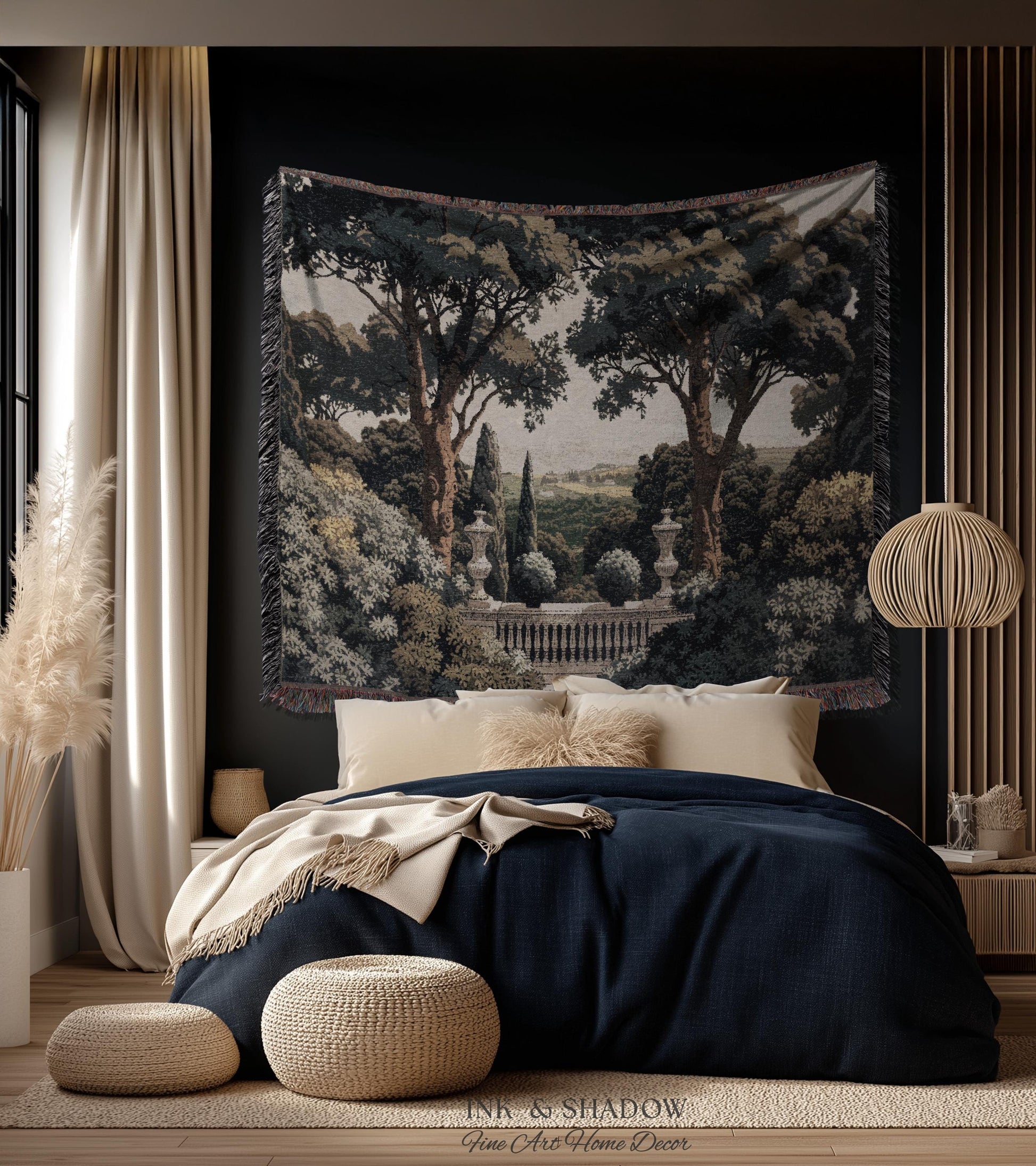 Tuscan Terrace Formal Wall Tapestry | Traditional Scenic Textile European Wall Art Neoclassical Verdure Woven Throw Blanket Classic Jacquard